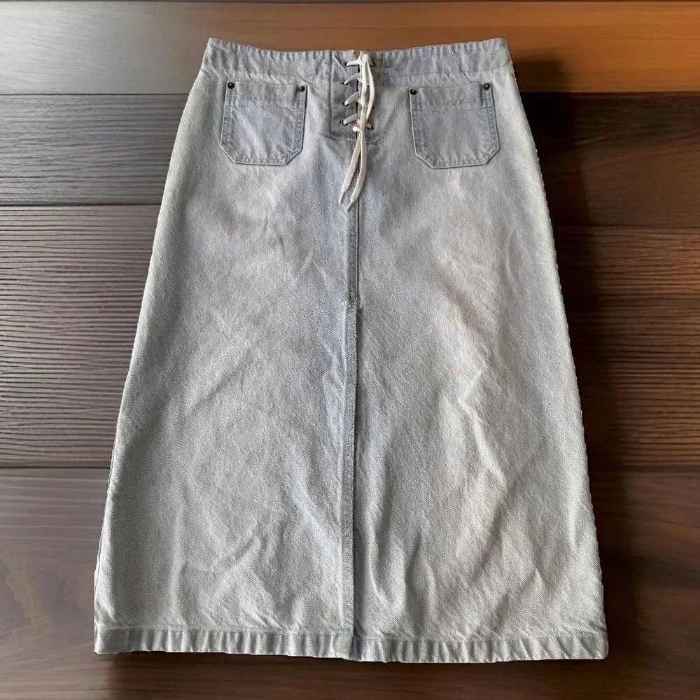 KORS by Michael Kors Light Blue Denim Midi Skirt with Lace-Up Detail Sz 8